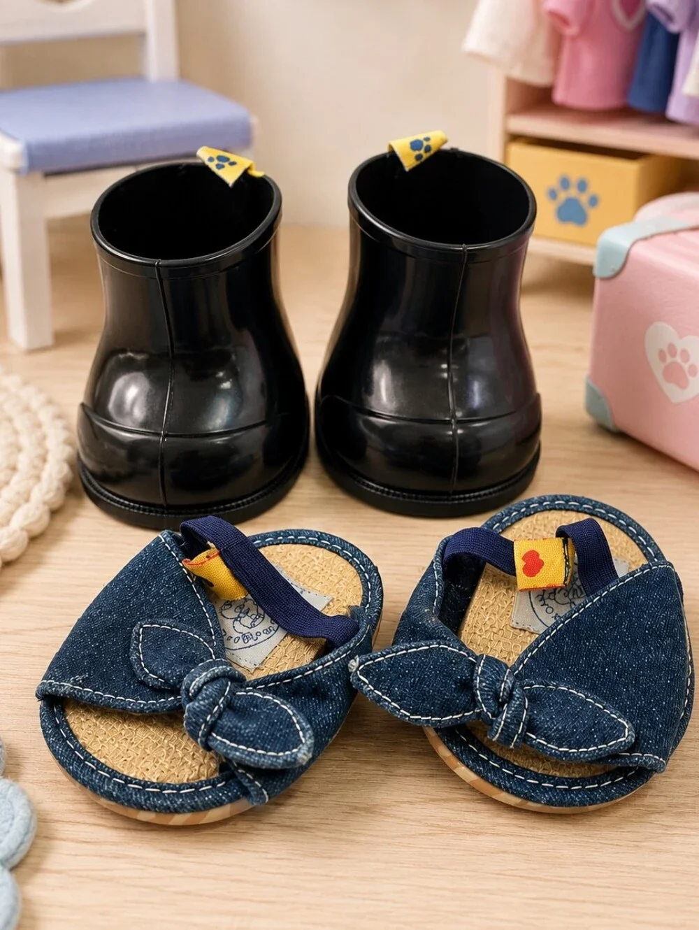 Build-A-Bear Workshop Rain Boots & Denim Bow Sandals Shoe Bundle